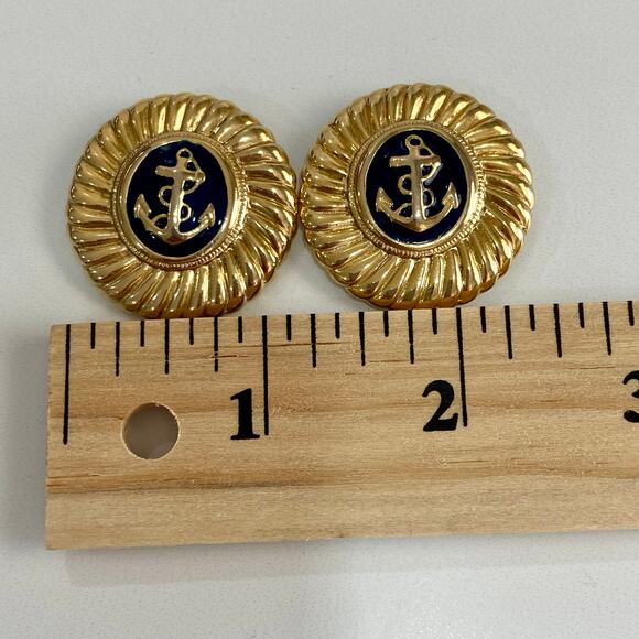 Vintage Nautical Sailor Anchor Navy Enamel Gold Round Shoe Purse Accessory Clips - Picture 7 of 7